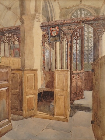 C.G, watercolour, ‘Brent Church, S. Devon’, monogrammed together with a charcoal study, oxen before mountains, monogrammed and dated 1933, largest 29 x 41cm. Condition - fair, staining to charcoal